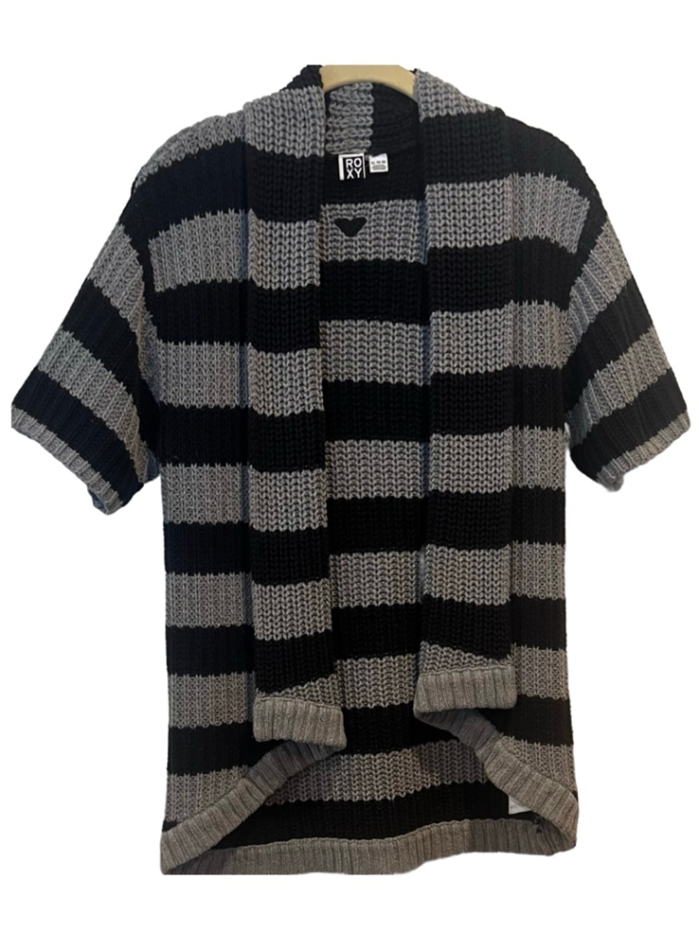 Roxy Women’s Open Front, Short Sleeved Cardigan Sweater, Black Gray, XL